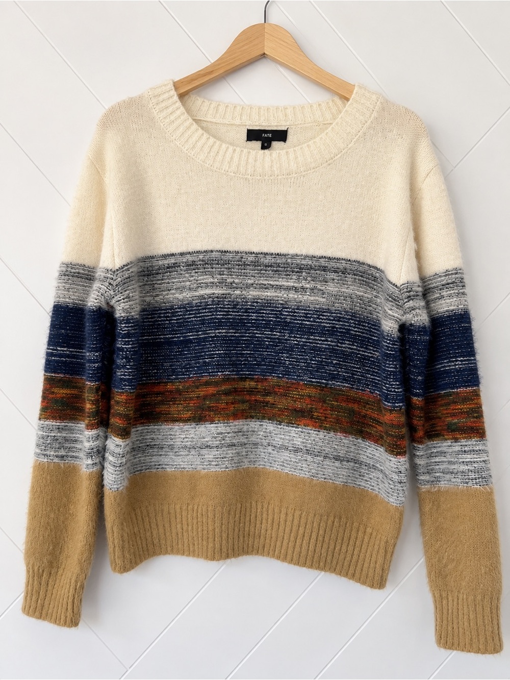 Fate Cream, Navy & Tan Striped Crewneck Sweater